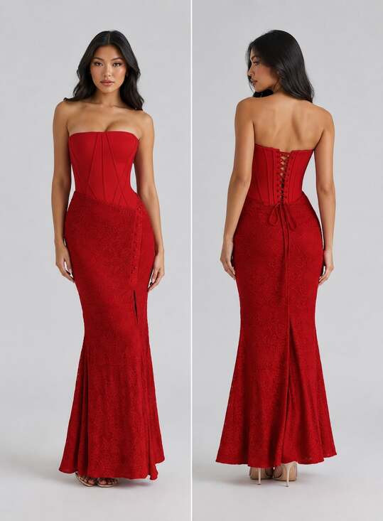 House of CB Dresses & Skirts - House of CB Valerie Red Satin and Lace Strapless Maxi Dress Size Small